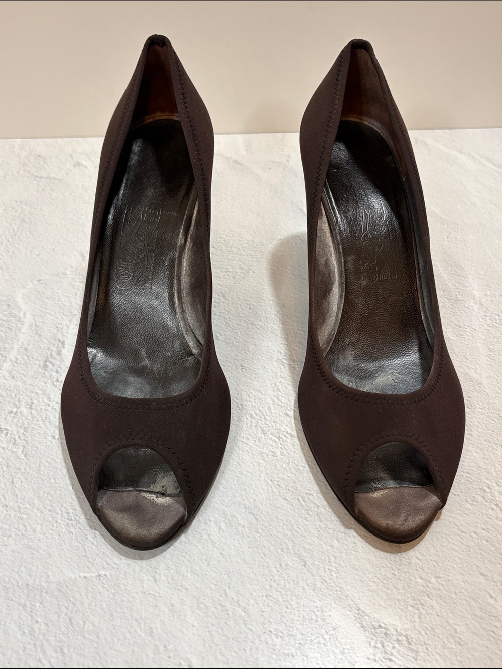 Salvatore Ferragamo Peep-Toe Brown Matte Silk Wedge Heels 10
